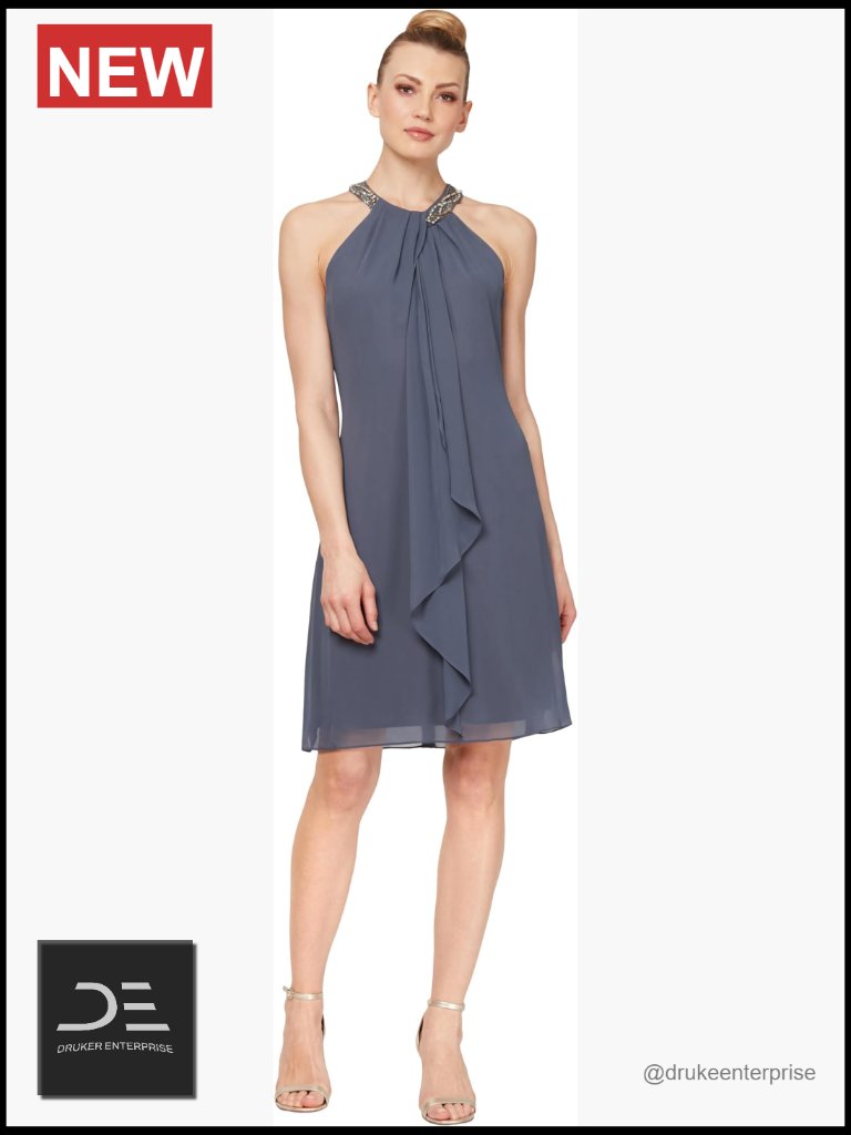 Beaded Halter Sheath Dress With Ruffle Front - Petite & Regular